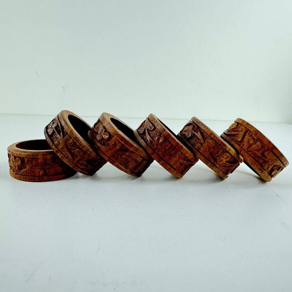 Floral Napkin Rings Carved Wood Set of 6 Made in India - Picture 3 of 6